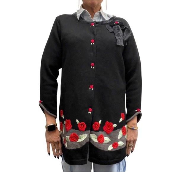 Storybook Knits Vintage Long Embroidered Rose Floral Teacher Cardigan Sweater - Picture 5 of 17